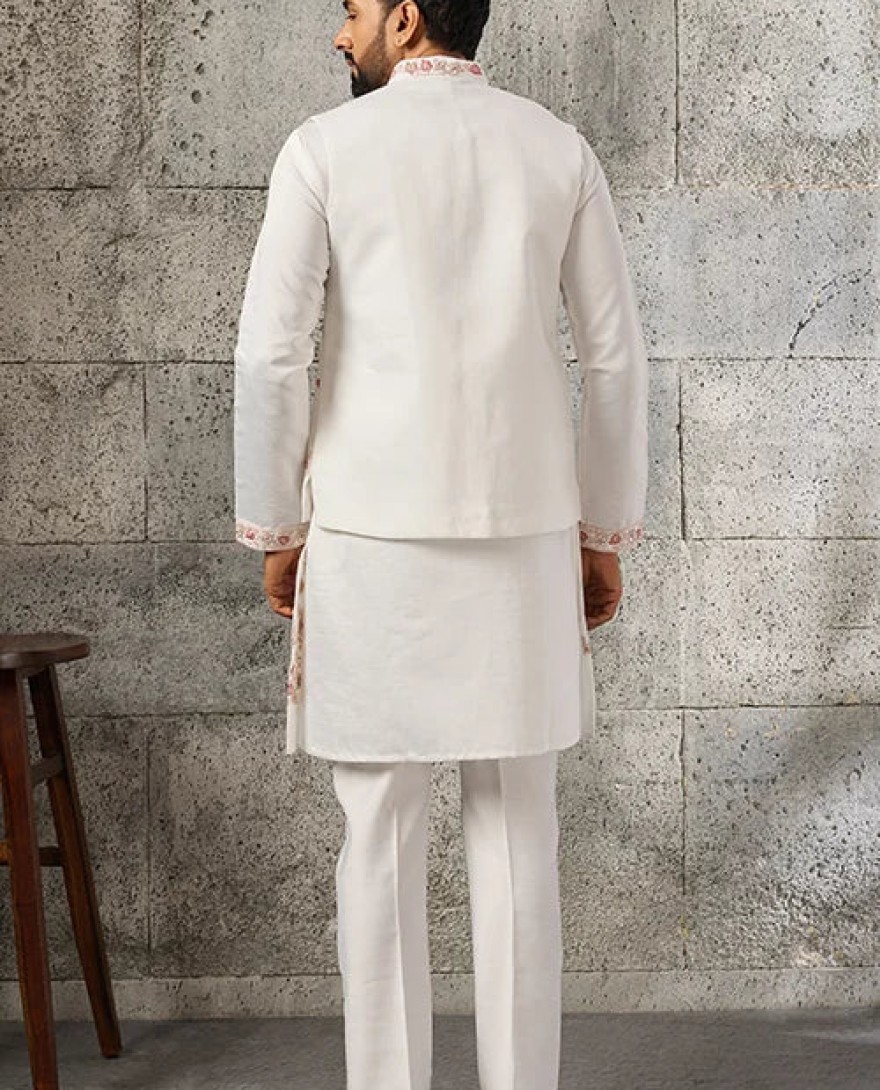 WHITE - Premium Designer White Mirror Work Koti Kurta Set for Men's Wear